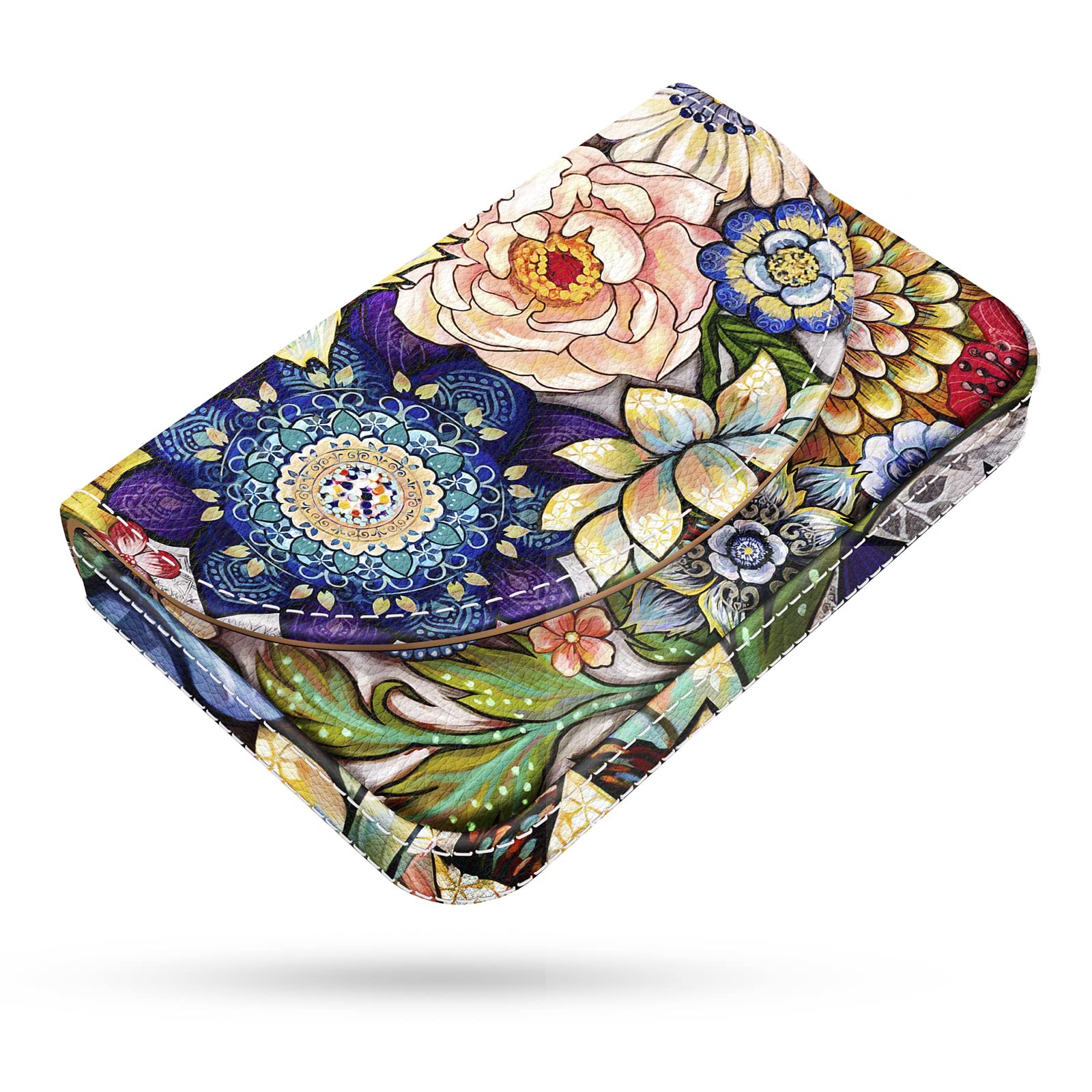 Business Card Holder，PU Leather Business Card Case Color Printing Pattern Card Holder Wallet，Pockets Magnetic Credit Card Holders for Men and Women，Bohemian Leaf