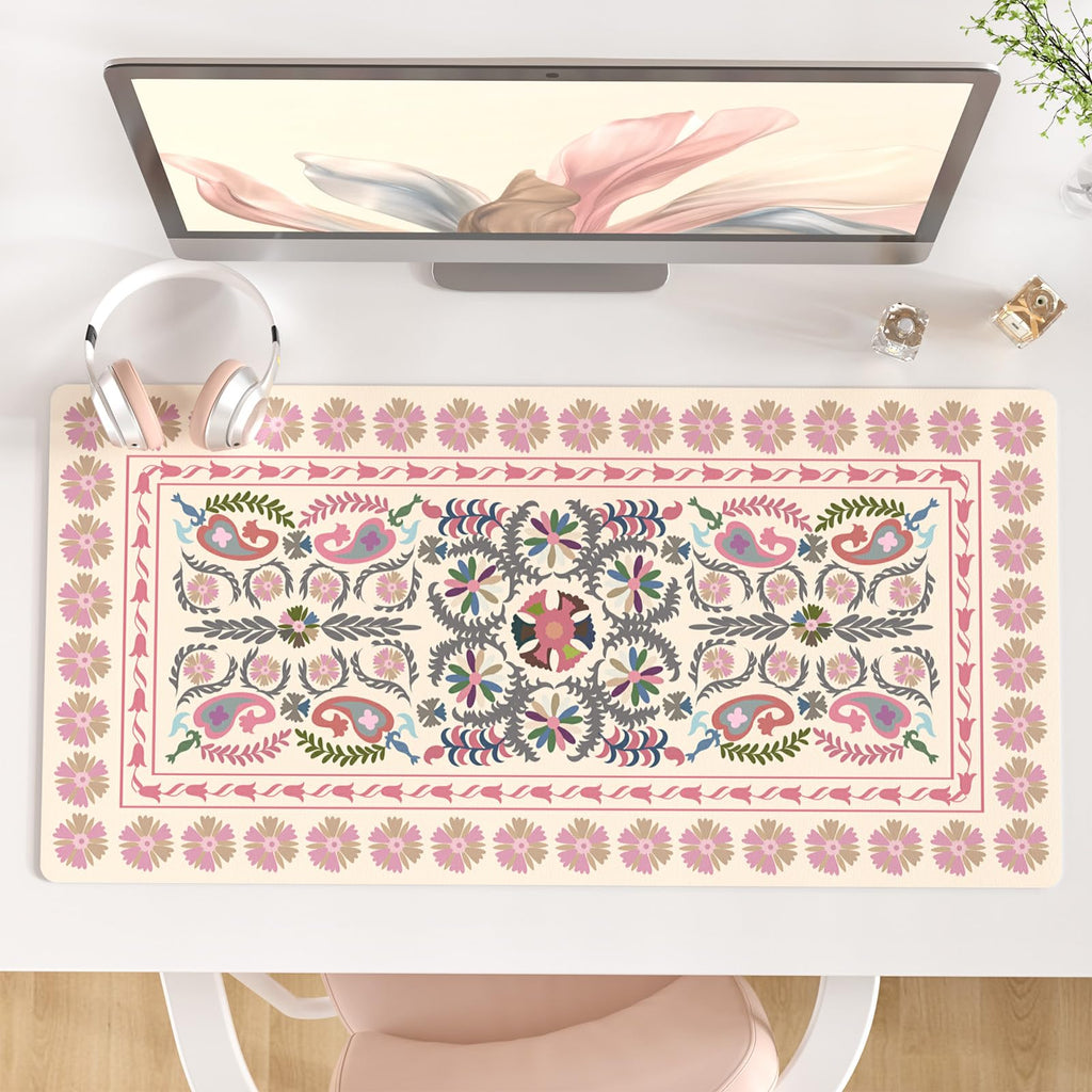 QIYI PU Leather Large Mouse Pad, Waterproof Desk Mat, 31.5" x 15.7", Peony