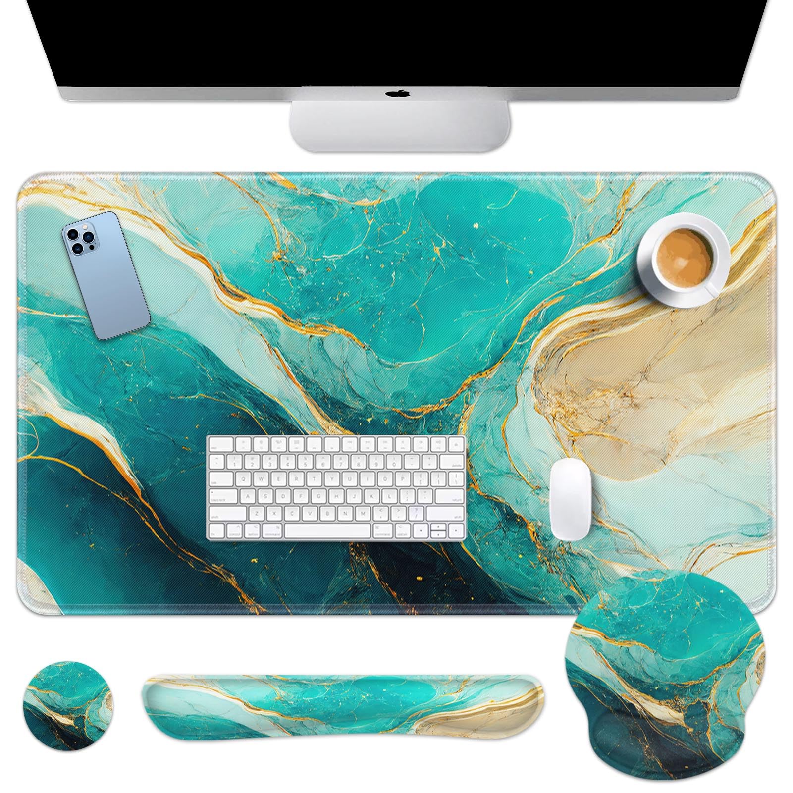 Britimes Keyboard Mouse Pad Set, 4 in 1 Desk Mat Set, Pink Rose Gold