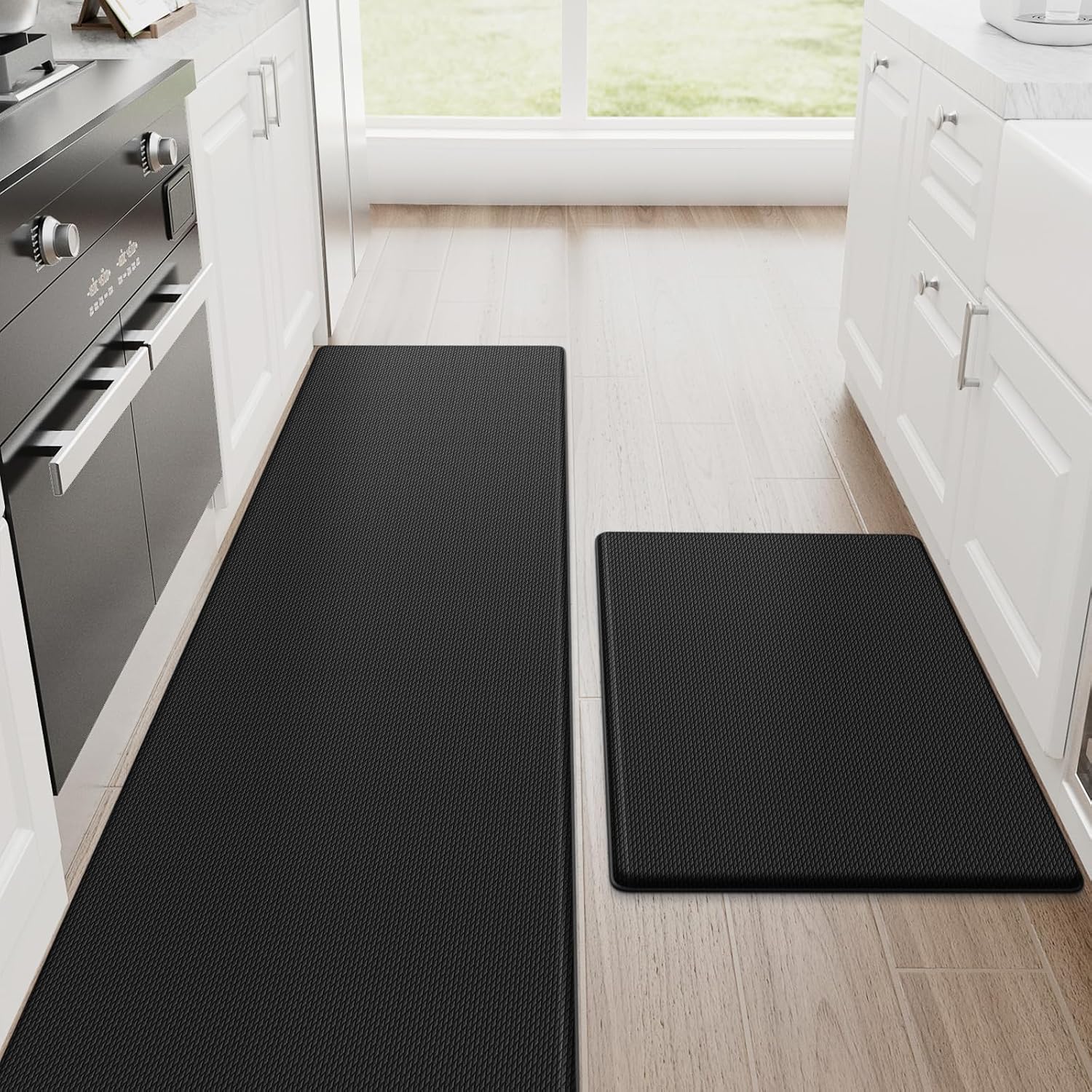 StepRite Kitchen Mats for Floor, 2-Piece Anti-Fatigue Kitchen Rugs, Black