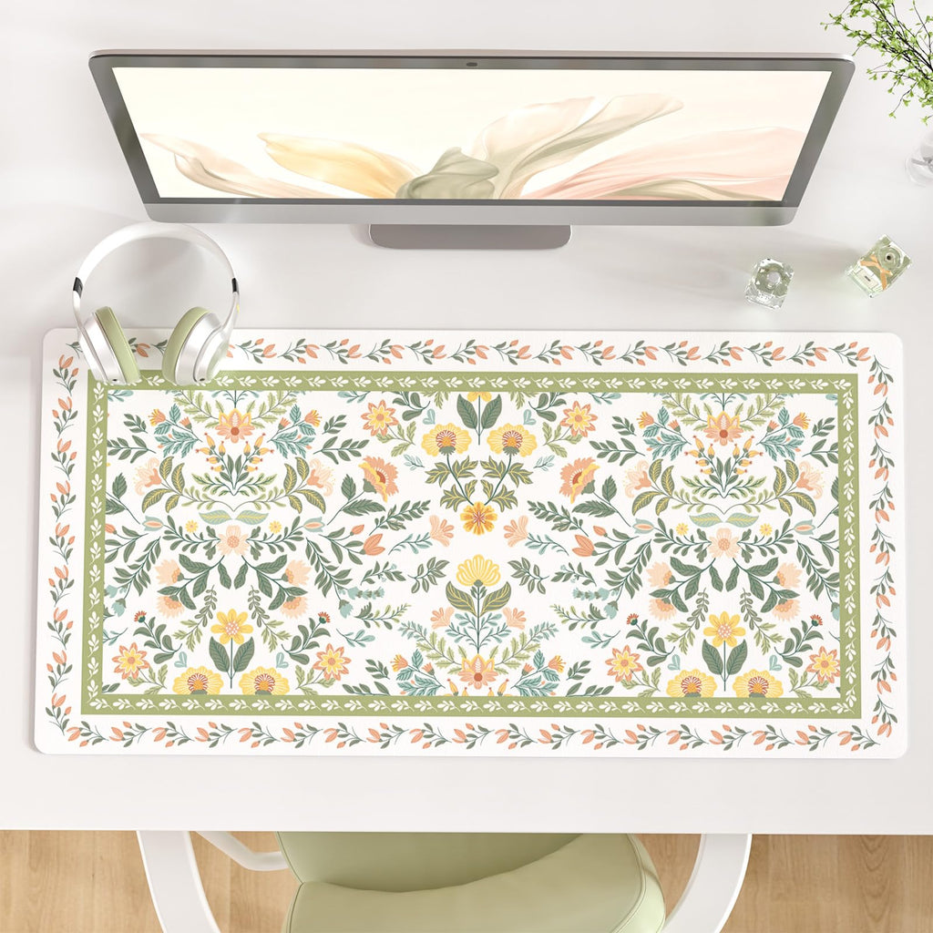 QIYI PU Leather Large Mouse Pad, Waterproof Desk Mat, 31.5" x 15.7", Peony