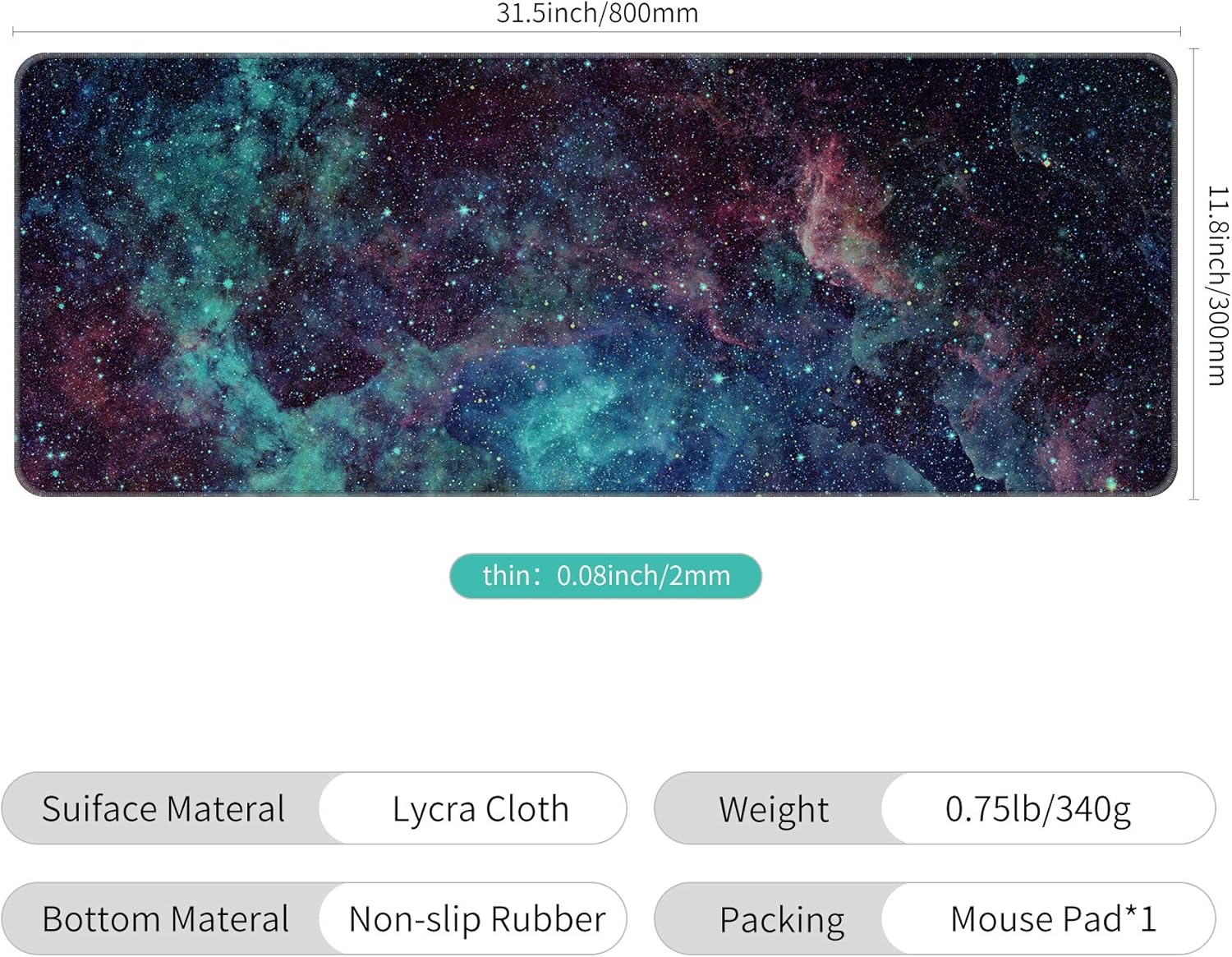 Large Thin Mouse Pad with Stitched Edges, Galaxy Space