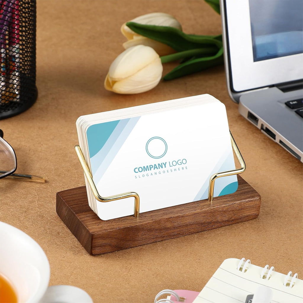 Amyhill 4 Pcs Wood Business Card Holders Display for Desk, Gold
