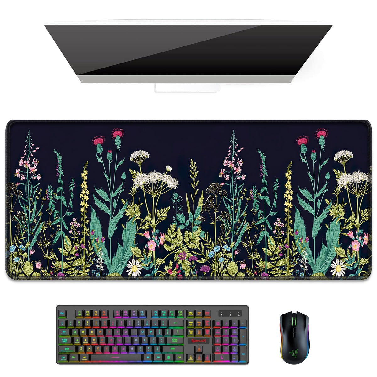 Auhoahsil Desk Mat, Ultra Large Mouse Pad, XXL Gaming Mousepad, Green Tropical Leaves Deskpad, Big Extended Full Size Mouse Pad, Desktop Desk Matt for Keyboard, Laptop & Computer, 35.5 x 15.7 in