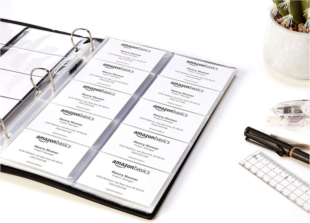 Amazon Basics Plastic Business Card Organizer Sleeves for 3-Ring Binder, Transparent Card Holder, 8.5 x 11 inches, 25-Pack