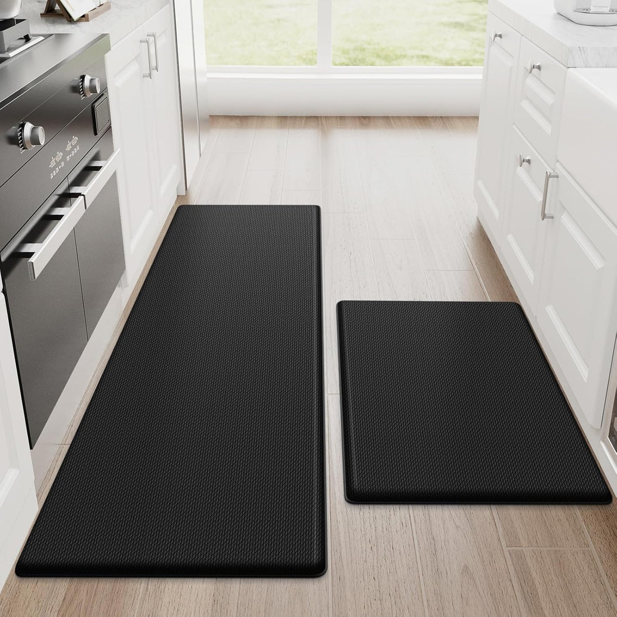 StepRite Kitchen Mats for Floor, 2-Piece Anti-Fatigue Kitchen Rugs, Black