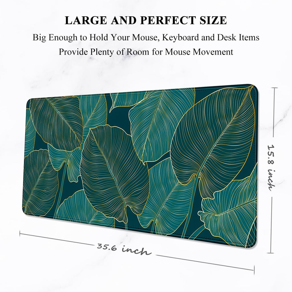 Auhoahsil Desk Mat, Ultra Large Mouse Pad, XXL Gaming Mousepad, Green Tropical Leaves Deskpad, Big Extended Full Size Mouse Pad, Desktop Desk Matt for Keyboard, Laptop & Computer, 35.5 x 15.7 in