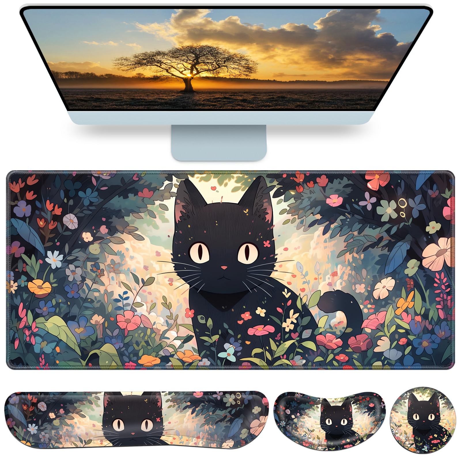 Desk Mat, Large Gaming Mouse Pad with Wrist Rest, 4in1 XXL Mousepad Floral