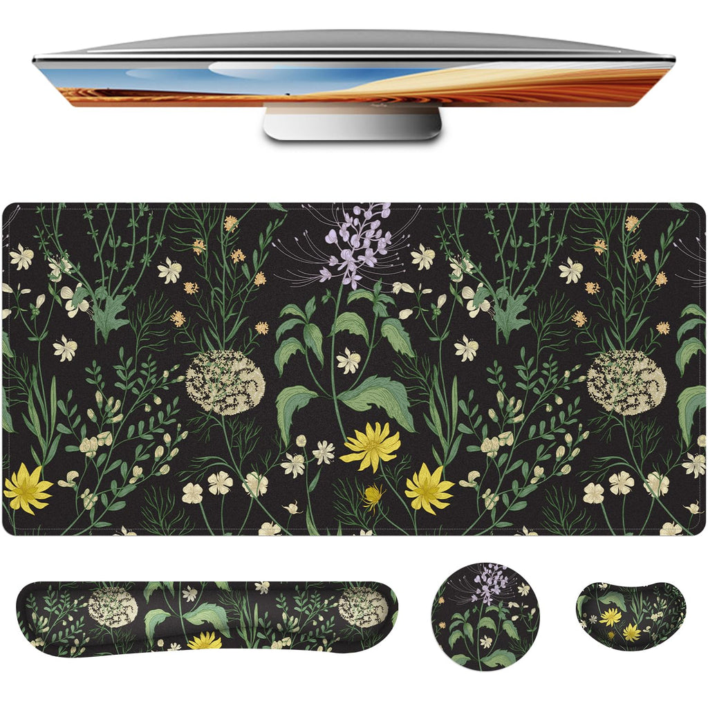 Keyboard Mouse Pad Set,Large Gaming Mouse Pad+Keyboard Wrist Rest+Wrist Rest+Coaster,Computer Desk pad Set Wrist Support for Office Desktop Laptop. (35.4" x 15.7") Extended Desk Mat (Floral)