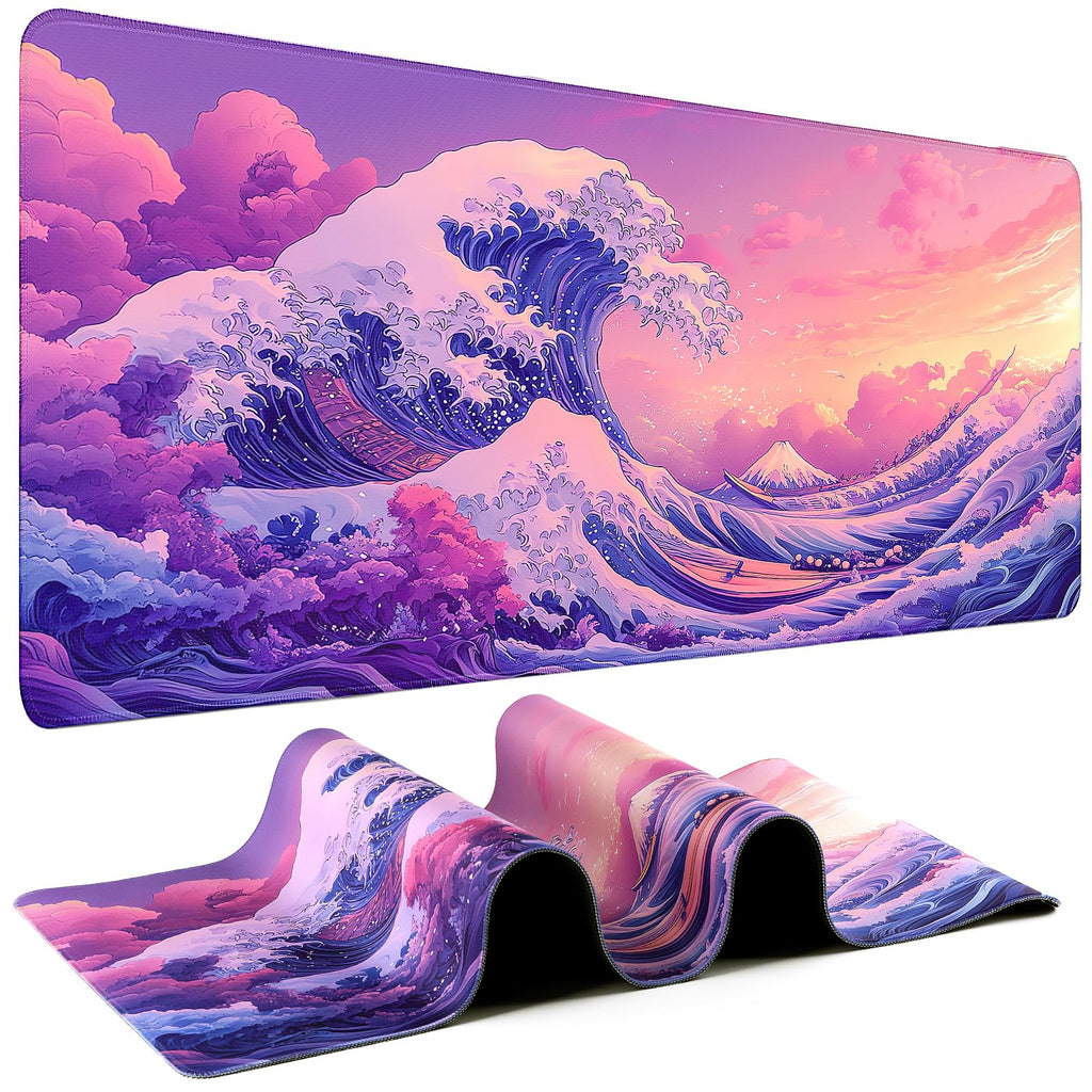 Mouse Pad Gaming - Desk Mat for Keyboard and Mouse - Kanagawa Large Mouse Pad for Desk, Japanese Sea Wave Mousepad (31.5 x 11.8inch) with Non-Slip Base, Desks Pad Mat for Game, Office and Home