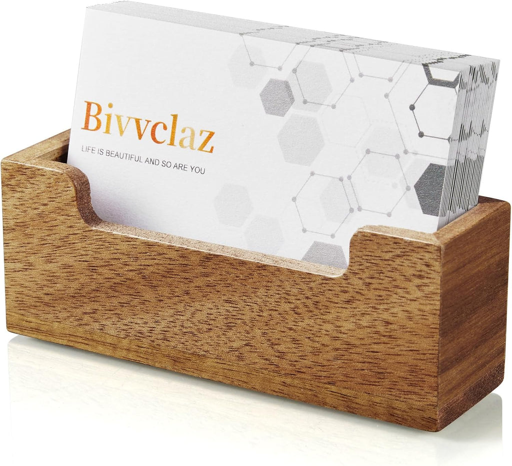 Bivvclaz Business Card Holder Desk, Acacia Wood Business Card Organizer Desktop Business Card Display Stand for Office Tabletop Exhibition, Small Business Essentials