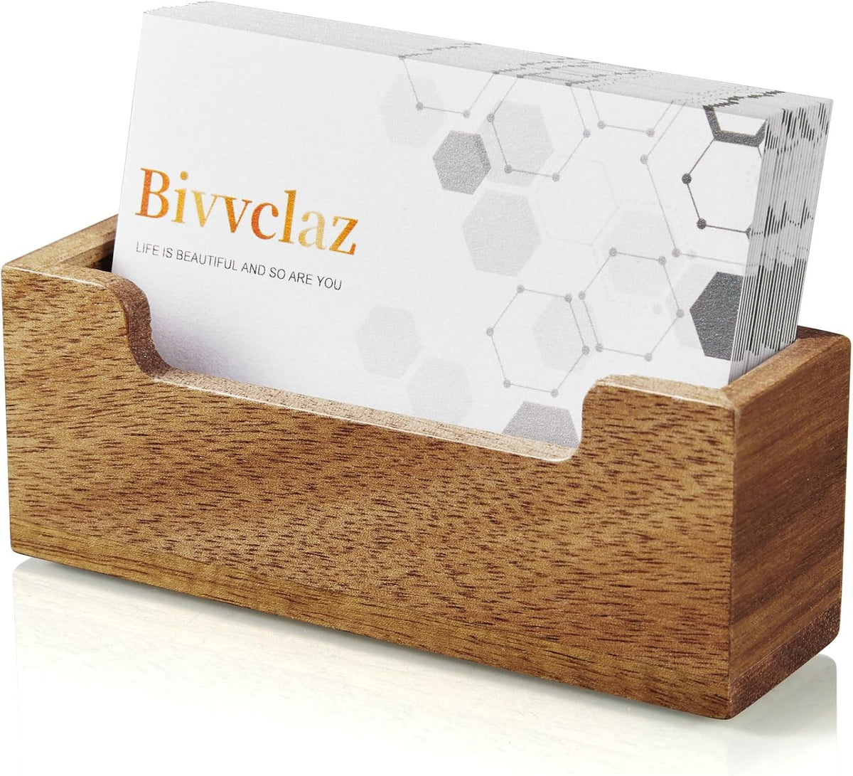 Bivvclaz Business Card Holder Desk, Acacia Wood Business Card Organizer Desktop Business Card Display Stand for Office Tabletop Exhibition, Small Business Essentials