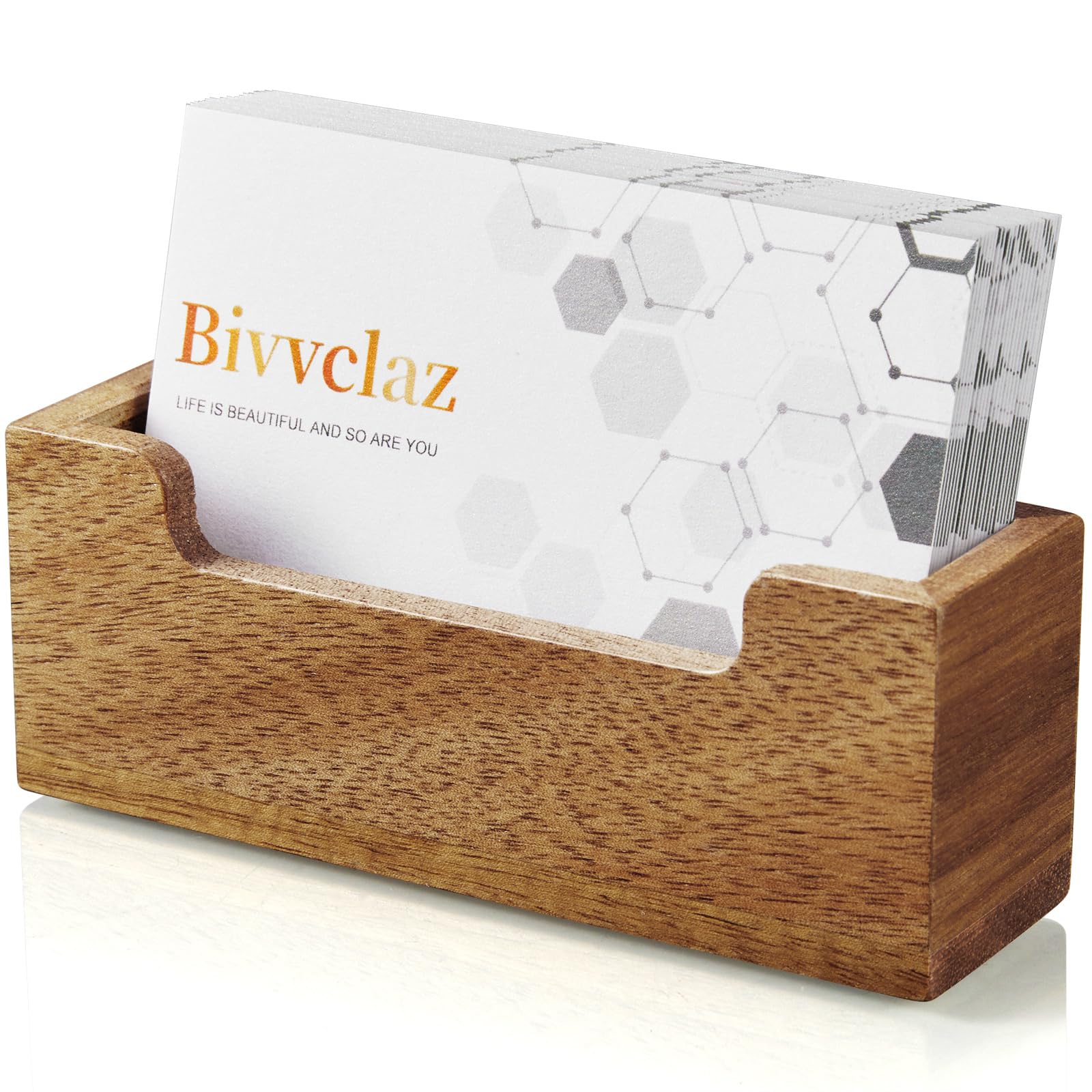 Bivvclaz Business Card Holder Desk, Acacia Wood Business Card Organizer Desktop Business Card Display Stand for Office Tabletop Exhibition, Small Business Essentials
