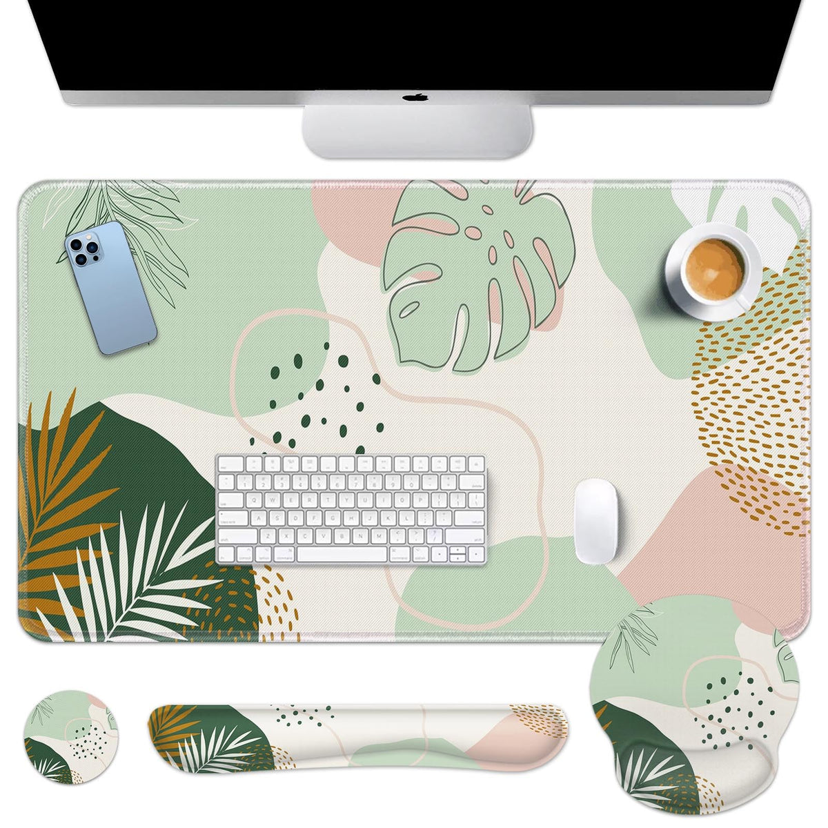Britimes Keyboard Mouse Pad Set, 4 in 1 Desk Mat Set, Pink Rose Gold