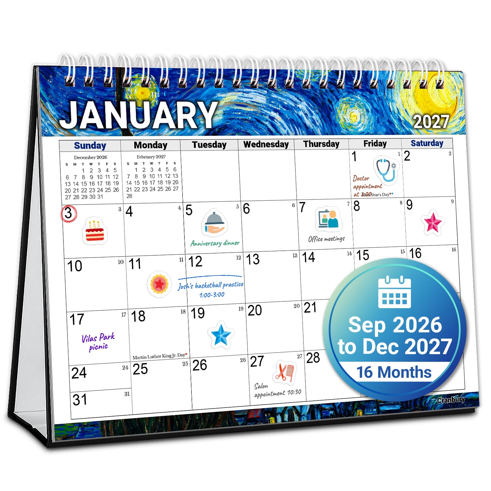 CRANBURY 2026-2027 Small Desk Calendar 8x6, Standing Flip Planner