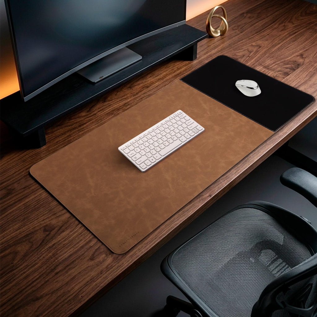 HAUTOCO Cork Desk Mat 31.5"x15.7", Distressed PU Leather & Cloth Desk Pad