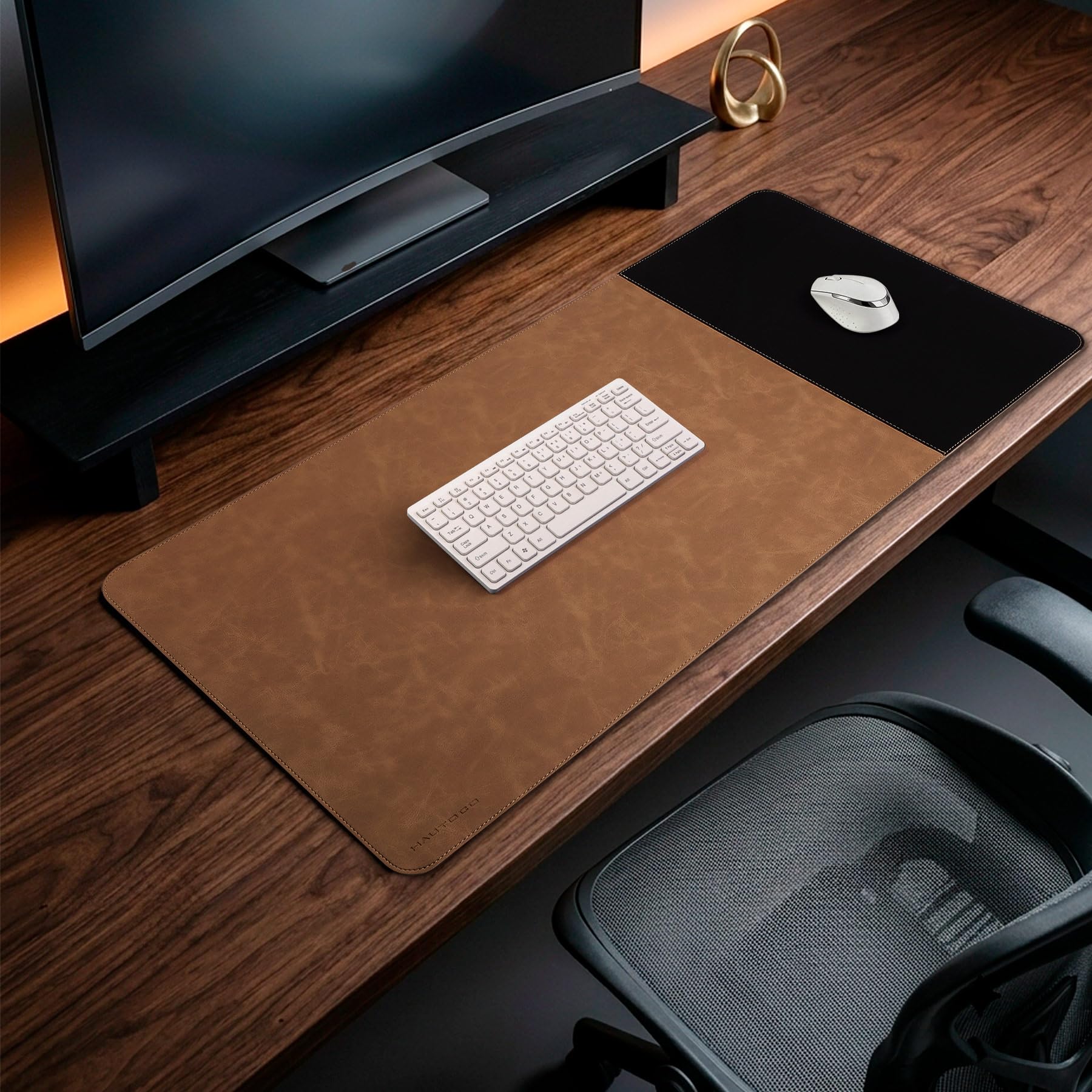 HAUTOCO Cork Desk Mat 31.5"x15.7", Distressed PU Leather & Cloth Desk Pad