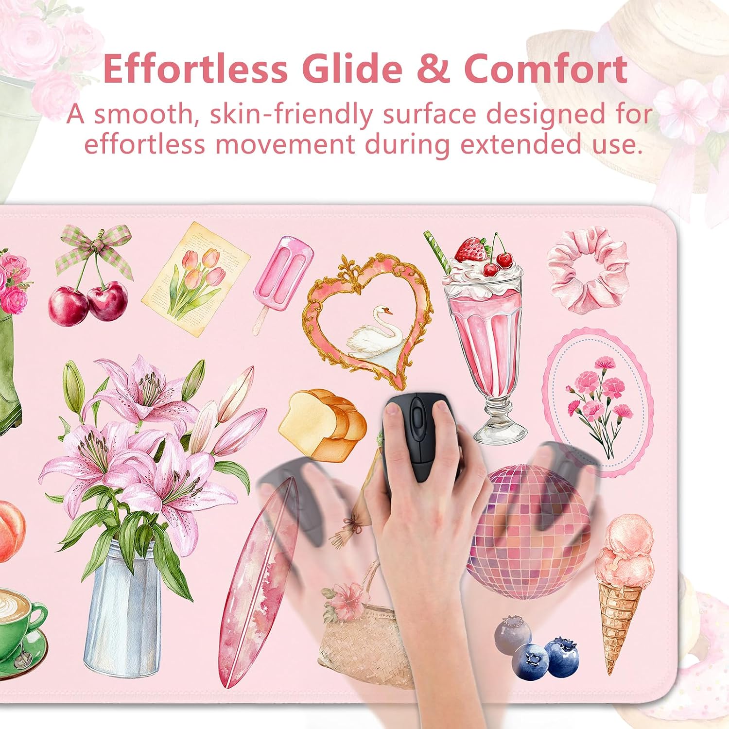 Pink Floral Mouse Pad Large 35.4×15.7 Aesthetic Cute Desk Mat
