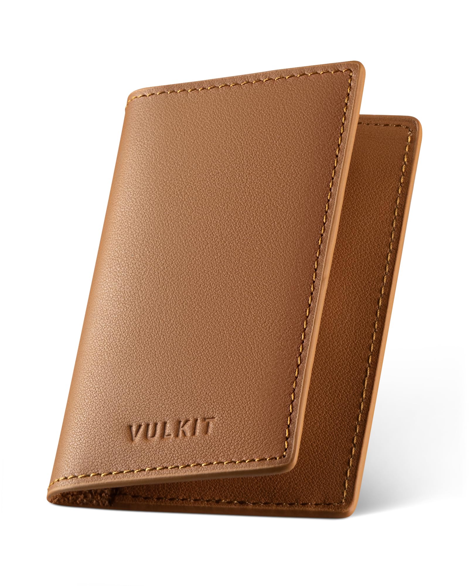 VULKIT Leather Business Card Holder 2 Sided Slim Business Name Card Organizer for Men or Women, Up to hold 20 cards (Vintage Brown)