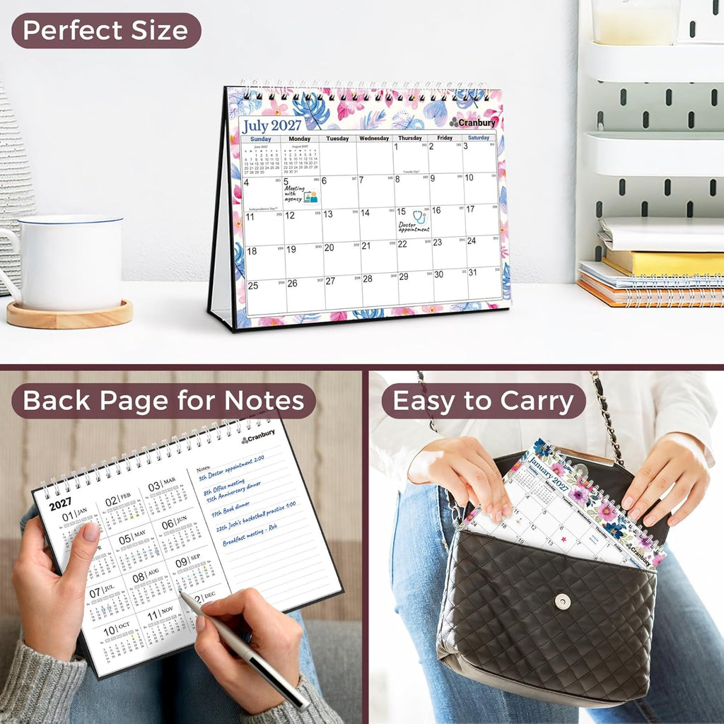 CRANBURY 2026-2027 Small Desk Calendar 8x6, Standing Flip Planner