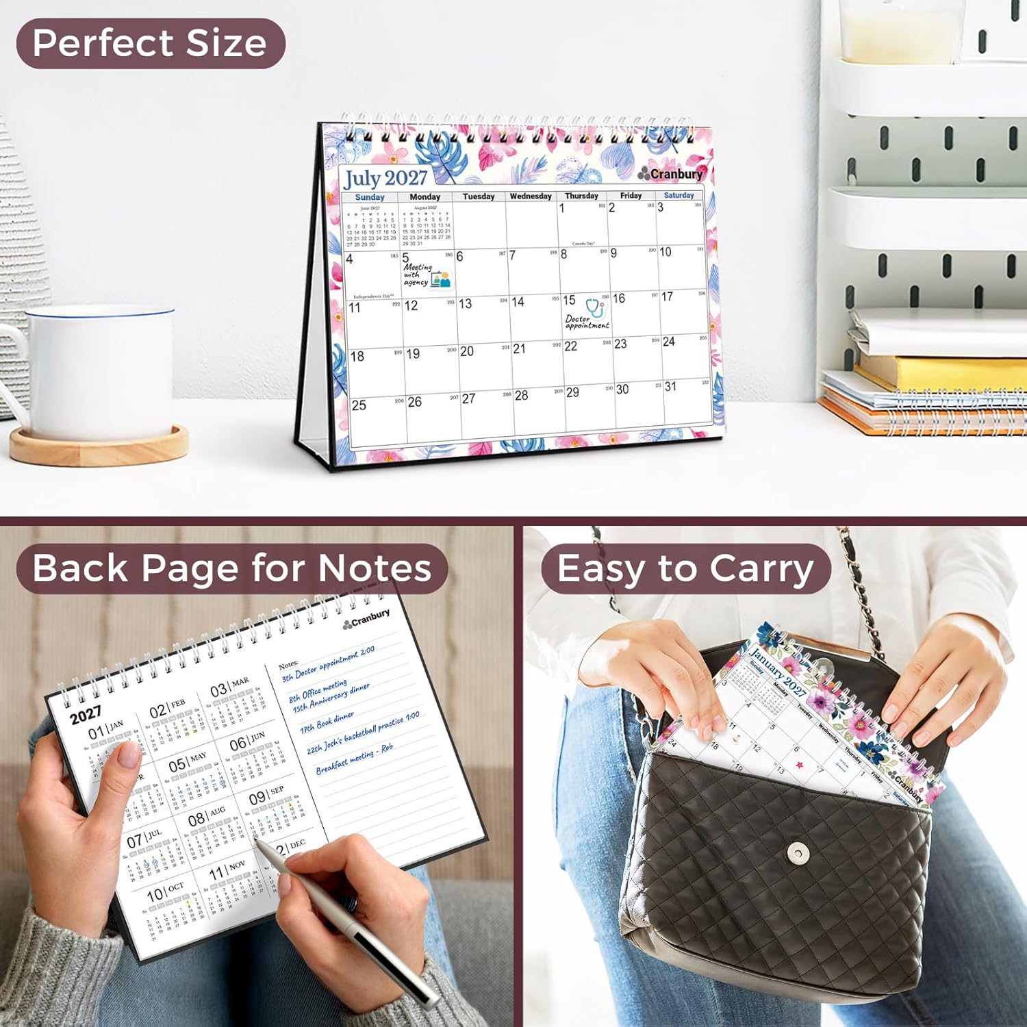 CRANBURY 2026-2027 Small Desk Calendar 8x6, Standing Flip Planner
