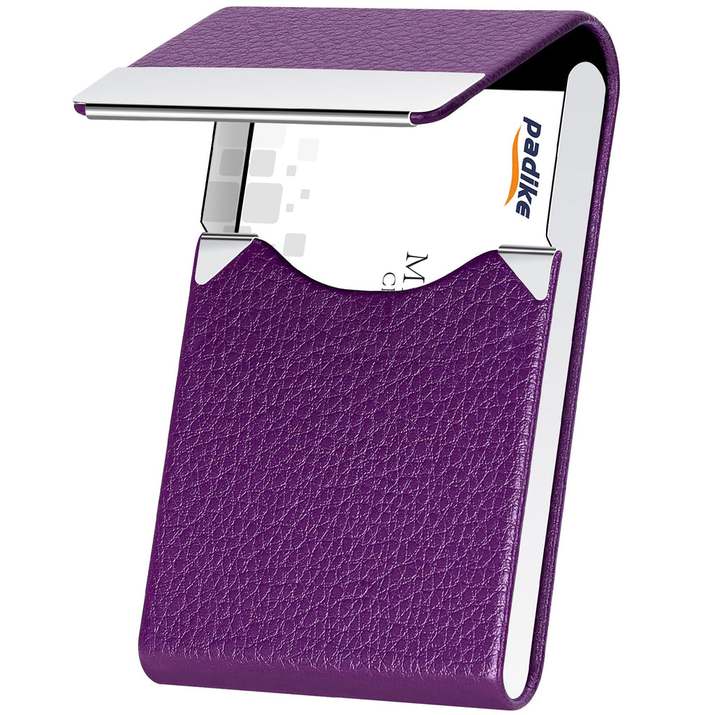 Padike PU Leather Business Card Holder for Women Slim Pocket Business Name Card Holder Stainless Steel Business Card Case with Magnetic Shut (Purple)