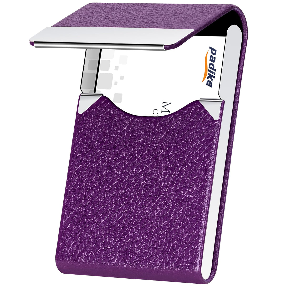 Padike PU Leather Business Card Holder for Women Slim Pocket Business Name Card Holder Stainless Steel Business Card Case with Magnetic Shut (Purple)