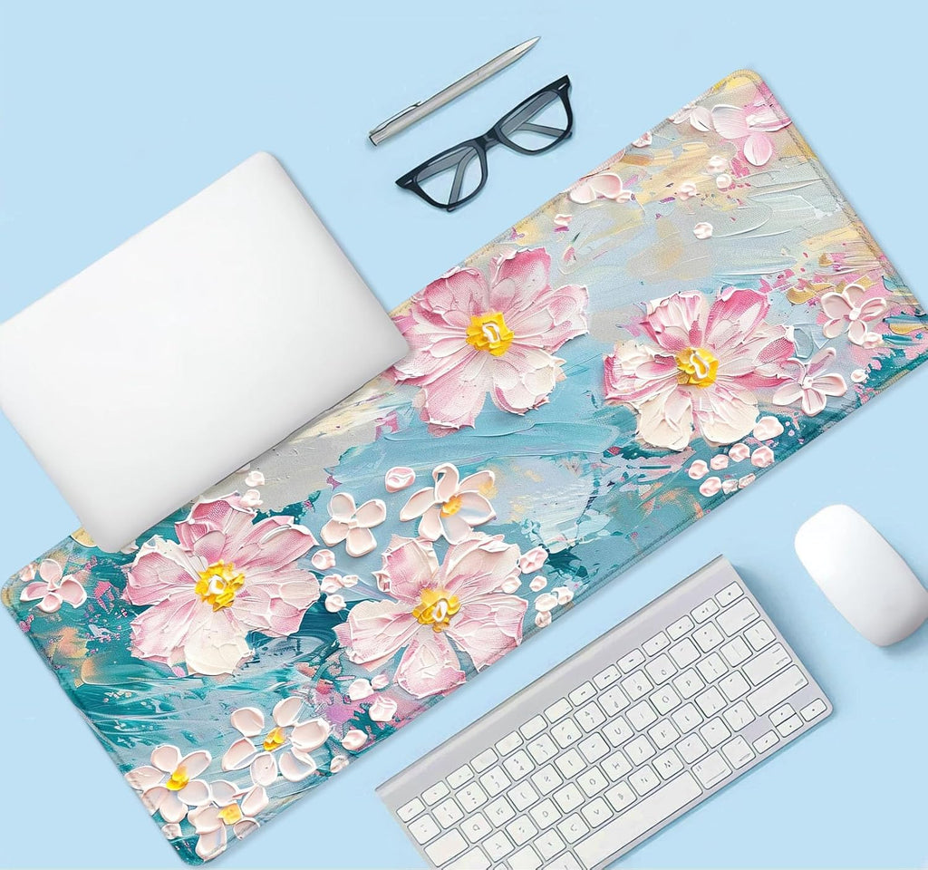 Large Mouse Pad Mousepad, Pink Flowers in a Blue Desk Mats for Desktop, Watercolor Beautiful Floral Laptop Computer Desk Pad, Non-Slip Rubber Base Desktop Mat, 31.5 x 11.8 inches