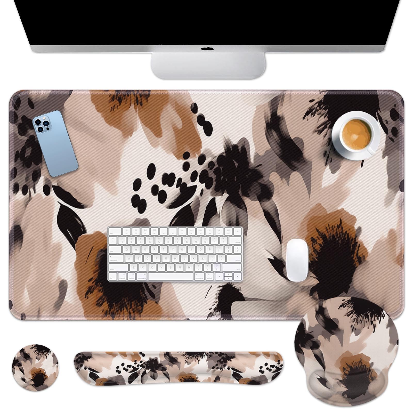 Britimes Keyboard Mouse Pad Set, 4 in 1 Desk Mat Set, Pink Rose Gold
