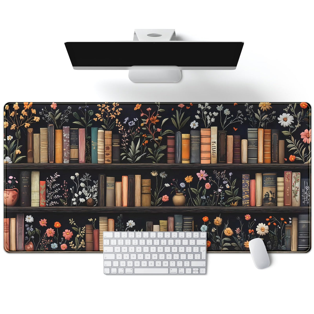 Purple Flowers Bookshelf Desk Mat Bookish Desk Pad Celestial Floral Books Large Mouse Pad XXL Extended Mousepad Aesthetic Keyboard Pad Crystal Globe Mouse Mat 31.5x15.7 in Office Decor for Women