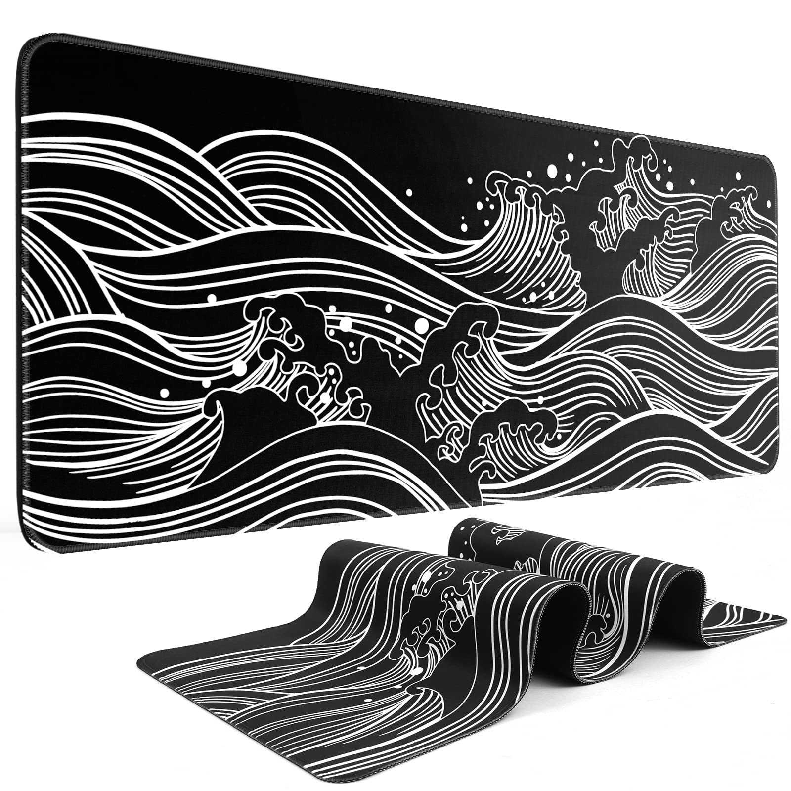 DIGSOM Gaming Mouse Pad, Black with White Topographic Line, 31.5x11.8in