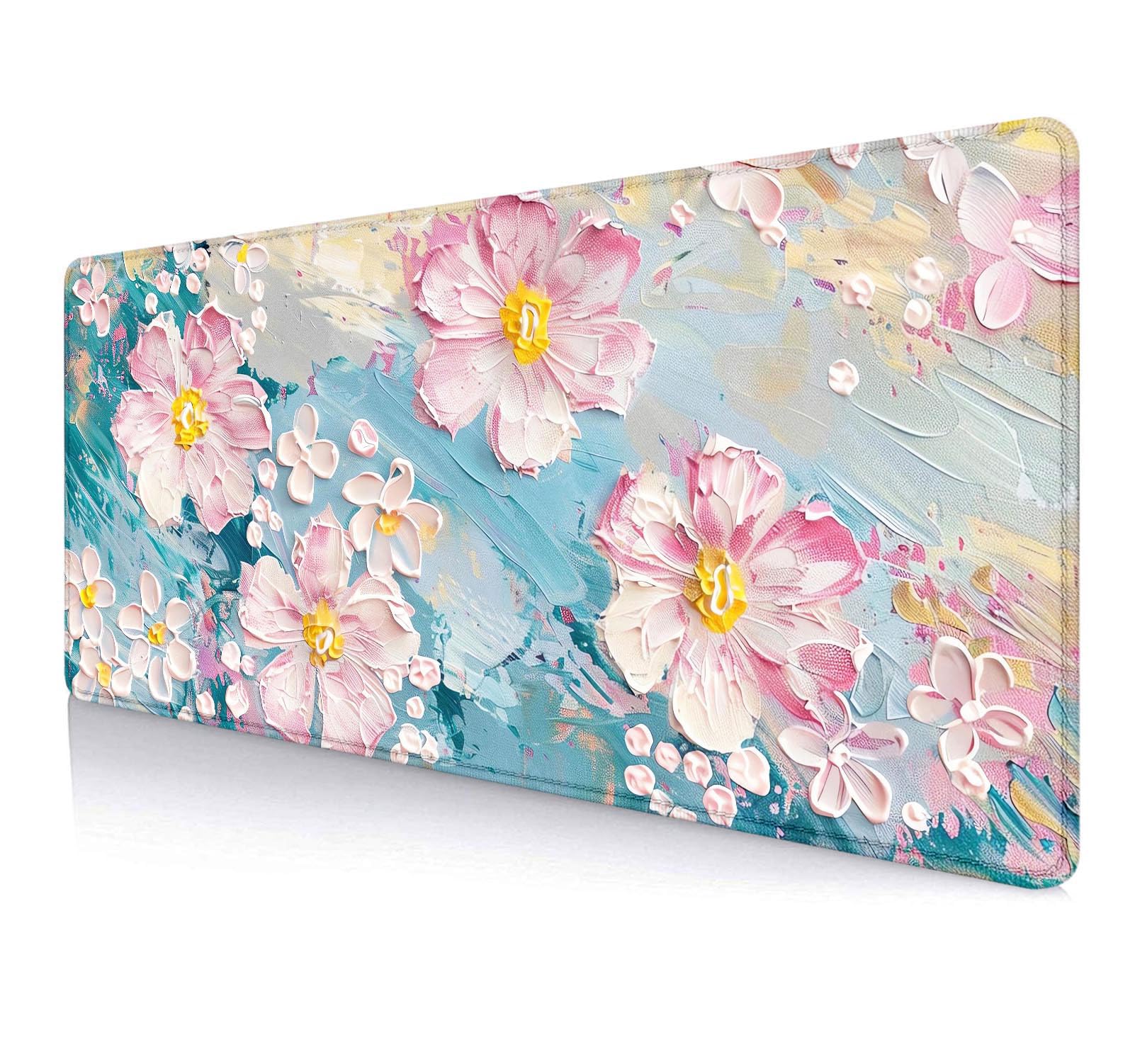 Large Mouse Pad Mousepad, Pink Flowers in a Blue Desk Mats for Desktop, Watercolor Beautiful Floral Laptop Computer Desk Pad, Non-Slip Rubber Base Desktop Mat, 31.5 x 11.8 inches