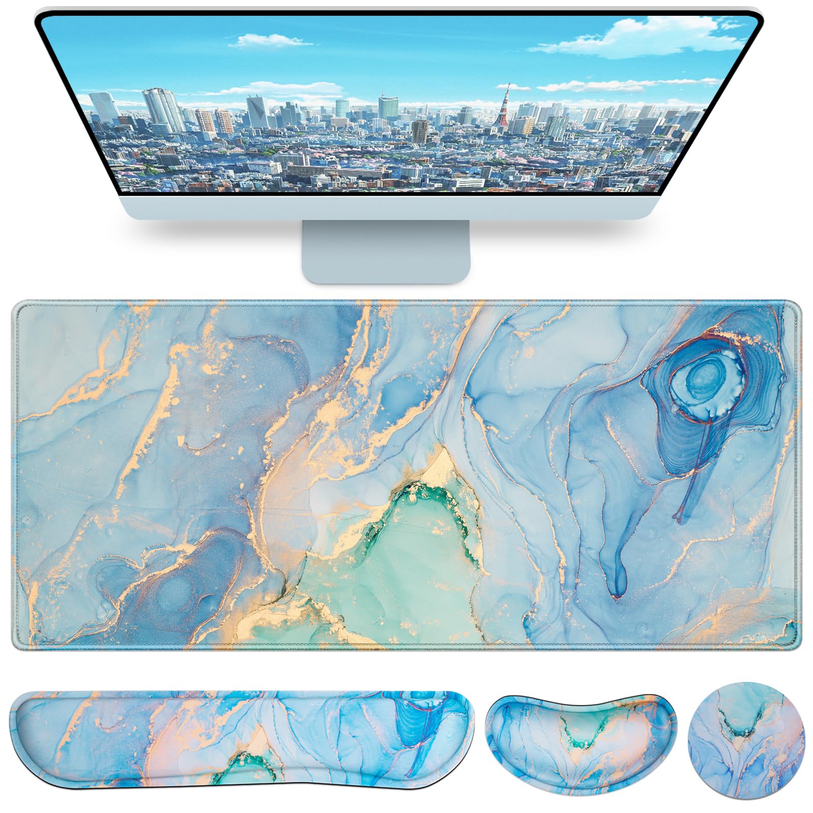 Desk Mat, Large Gaming Mouse Pad with Wrist Rest, 4in1 XXL Mousepad Floral