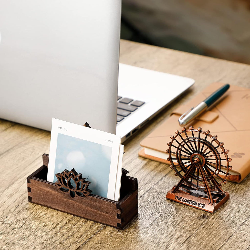 Qunclay 2 Pack Lotus Flower Business Card Holder, Wooden Decorative Business Card Holders for Desk Postcard Organizer Display Stand for Office Desktop(Dark Brown)