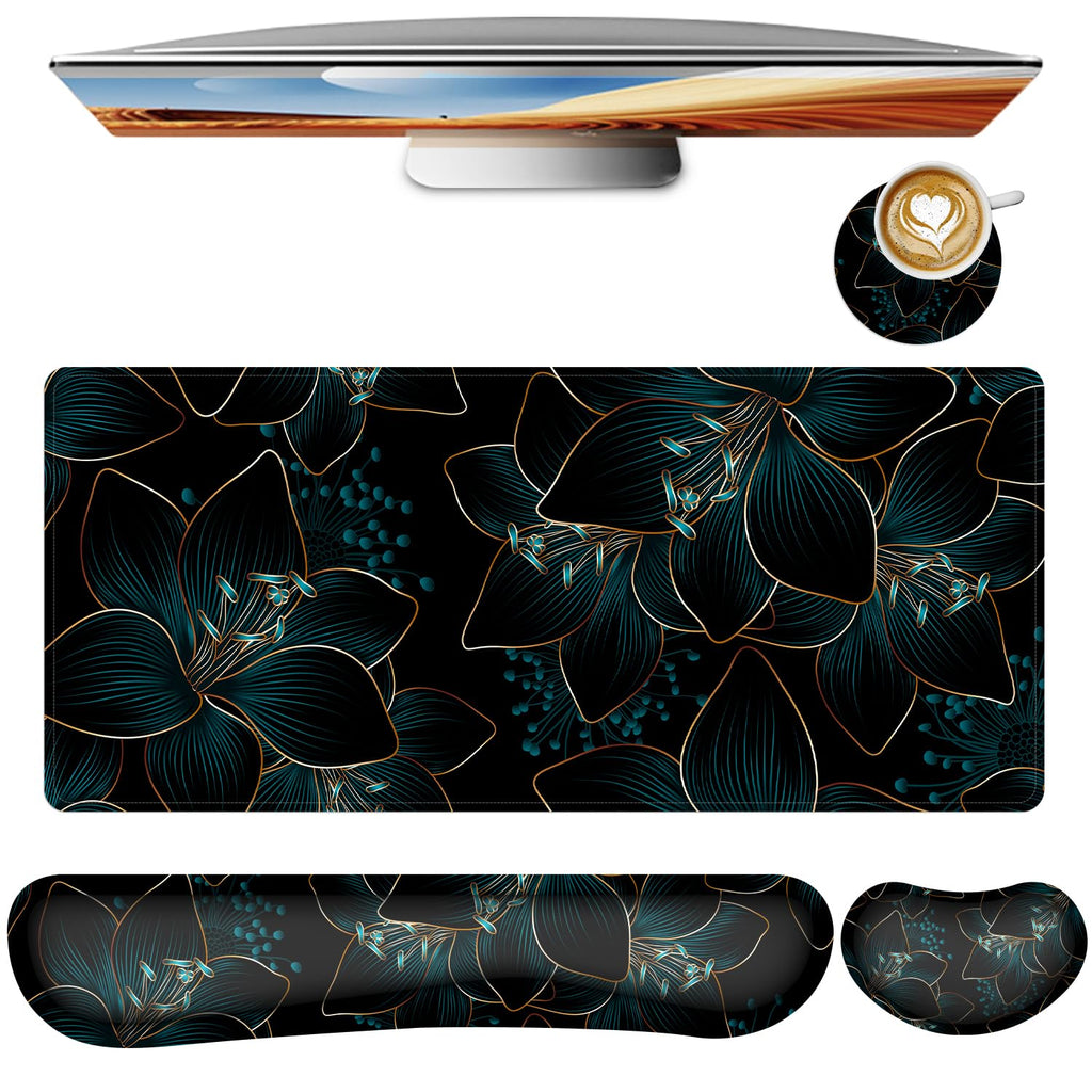 Keyboard Mouse Pad Set,Large Gaming Mouse Pad+Keyboard Wrist Rest+Wrist Rest+Coaster,Computer Desk pad Set Wrist Support for Office Desktop Laptop. (35.4" x 15.7") Extended Desk Mat (Floral)