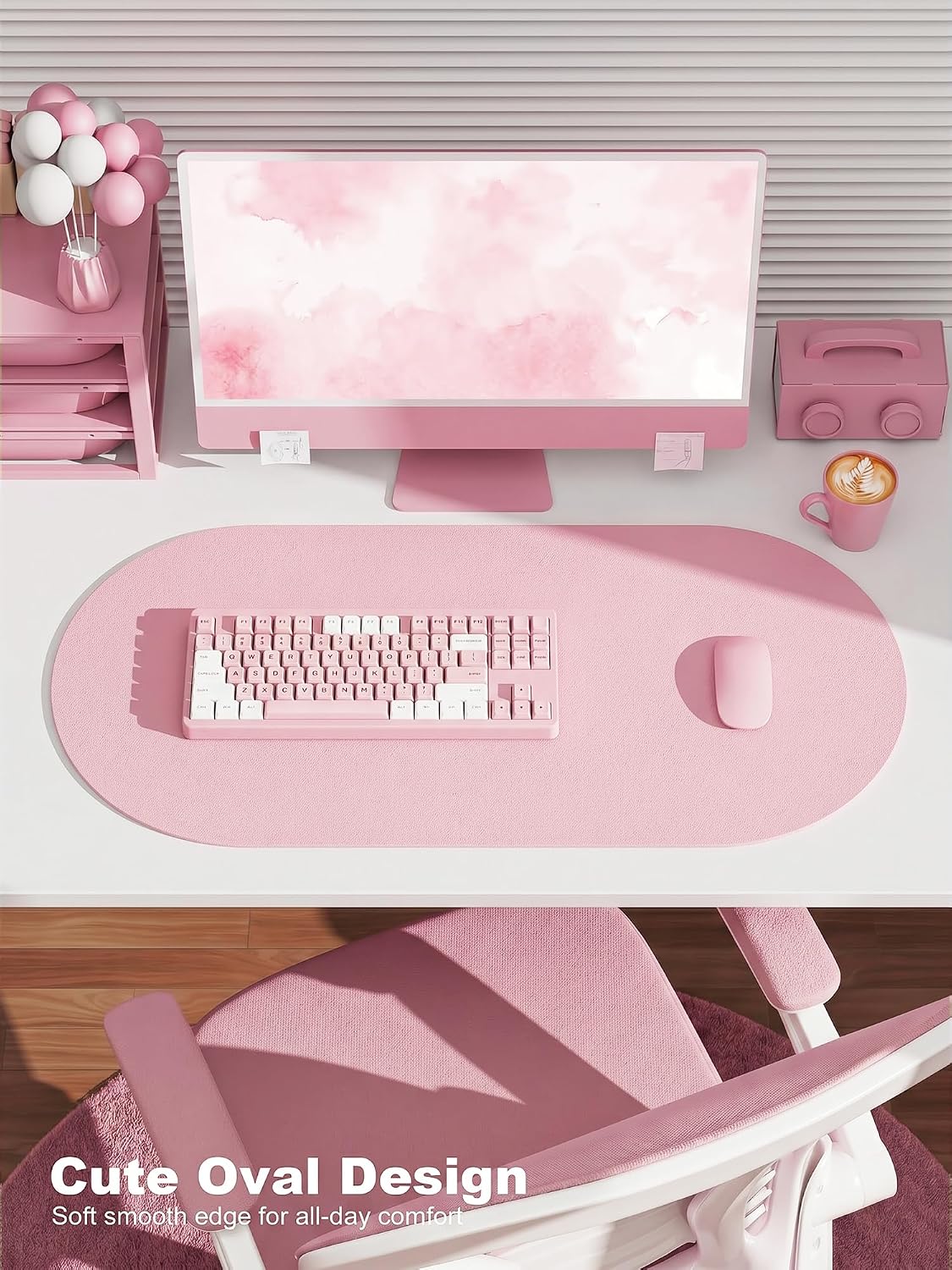 Desk Mat, 31.5" x 15" Oval PU Leather Non-Slip Desk Pad Large Mouse Pad for Desktop, Waterproof Countertop Protector Writing Mat for Office, Home, Gaming, Vanity, Light Pink