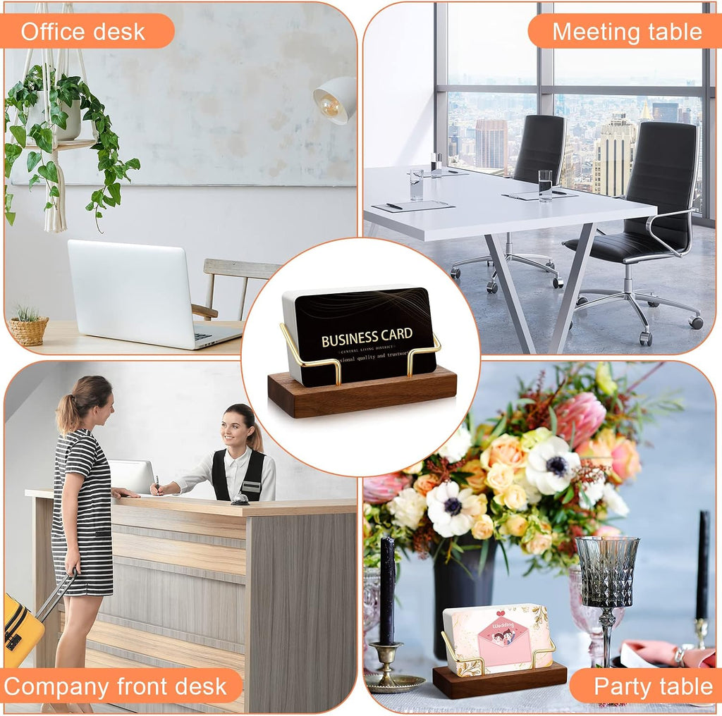 Amyhill 4 Pcs Wood Business Card Holders Display for Desk, Gold