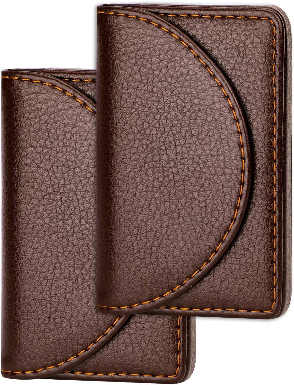 Cofee Leather Business Card Holder Case for Men or Women Pocket Business Card Wallet Name Card Case Holder with Magnetic Shut, Holds 25 Business Cards, Coffee