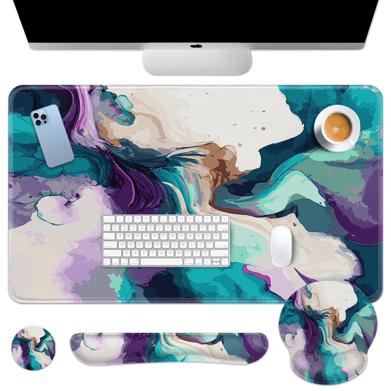Britimes Keyboard Mouse Pad Set, 4 in 1 Desk Mat Set, Pink Rose Gold