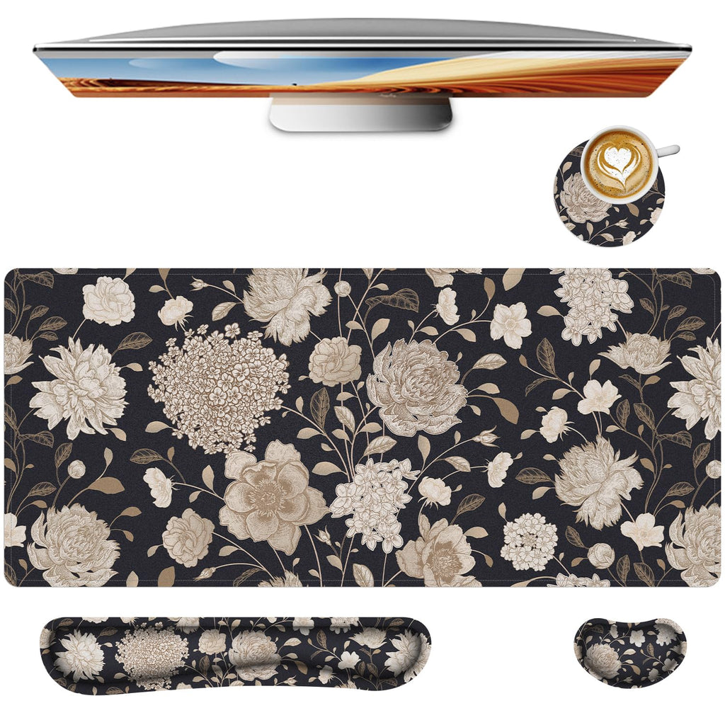 Keyboard Mouse Pad Set,Large Gaming Mouse Pad+Keyboard Wrist Rest+Wrist Rest+Coaster,Computer Desk pad Set Wrist Support for Office Desktop Laptop. (35.4" x 15.7") Extended Desk Mat (Floral)