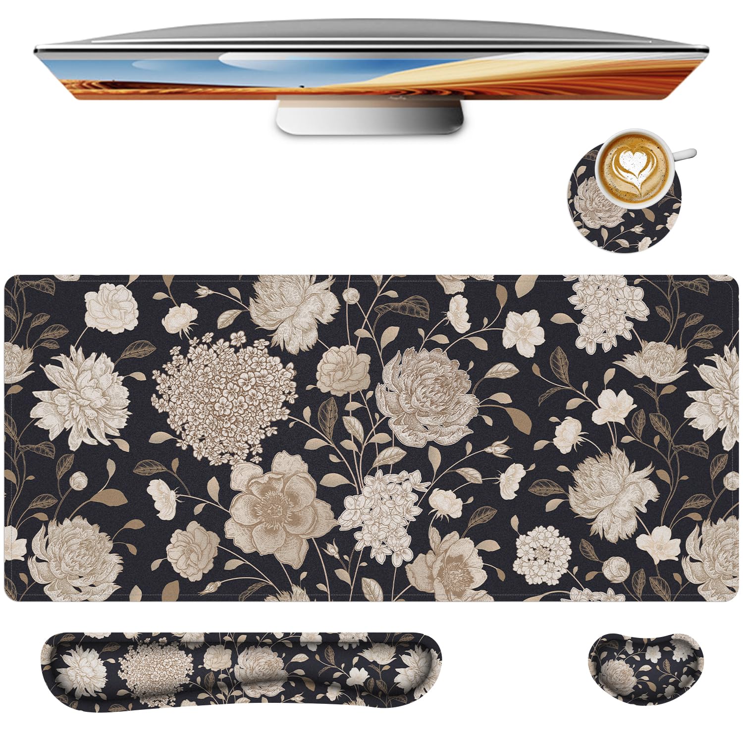 Keyboard Mouse Pad Set,Large Gaming Mouse Pad+Keyboard Wrist Rest+Wrist Rest+Coaster,Computer Desk pad Set Wrist Support for Office Desktop Laptop. (35.4" x 15.7") Extended Desk Mat (Floral)