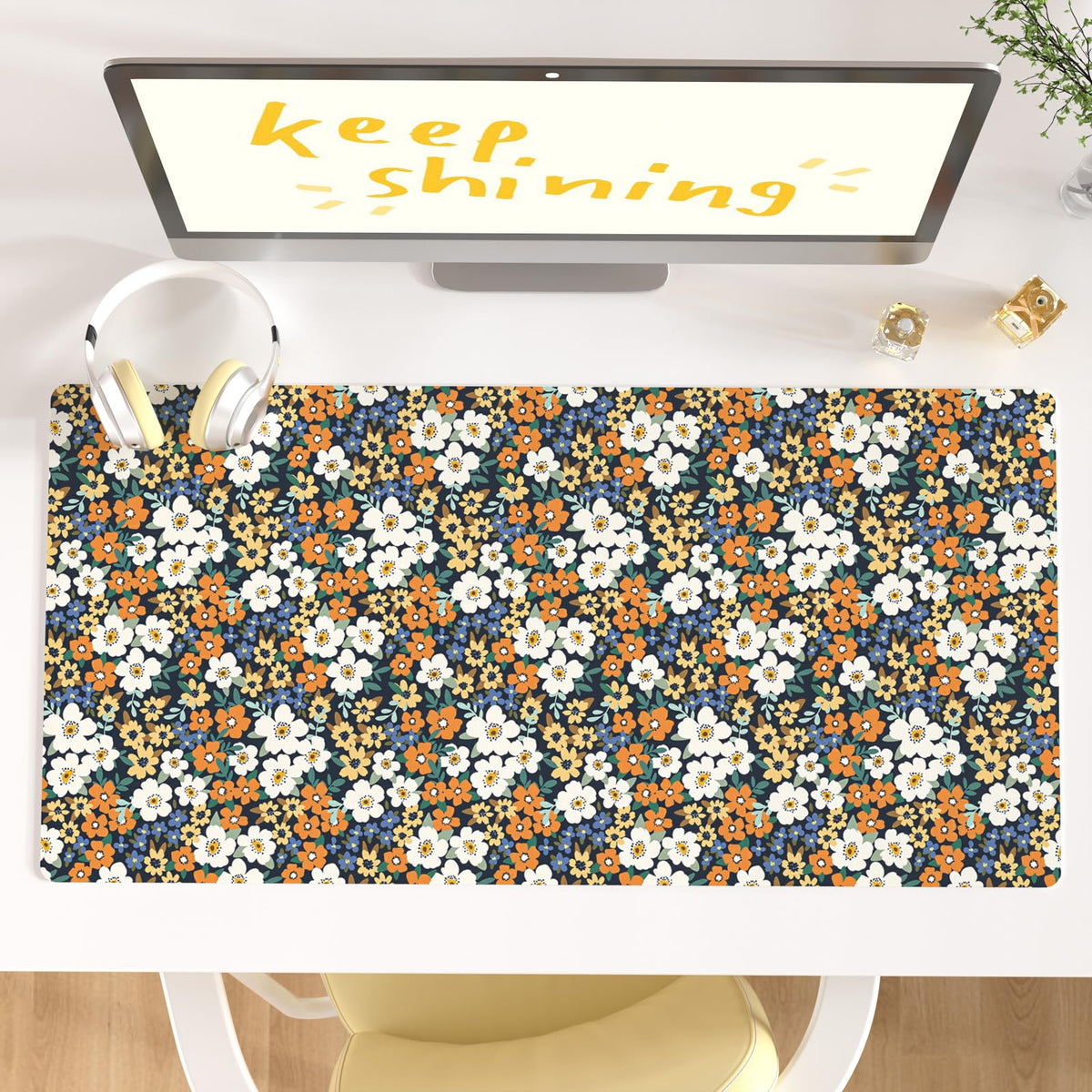 Faux Leather Large Mouse Pad, Office Desk Mat, 31.5"x15.7", Pink Floral