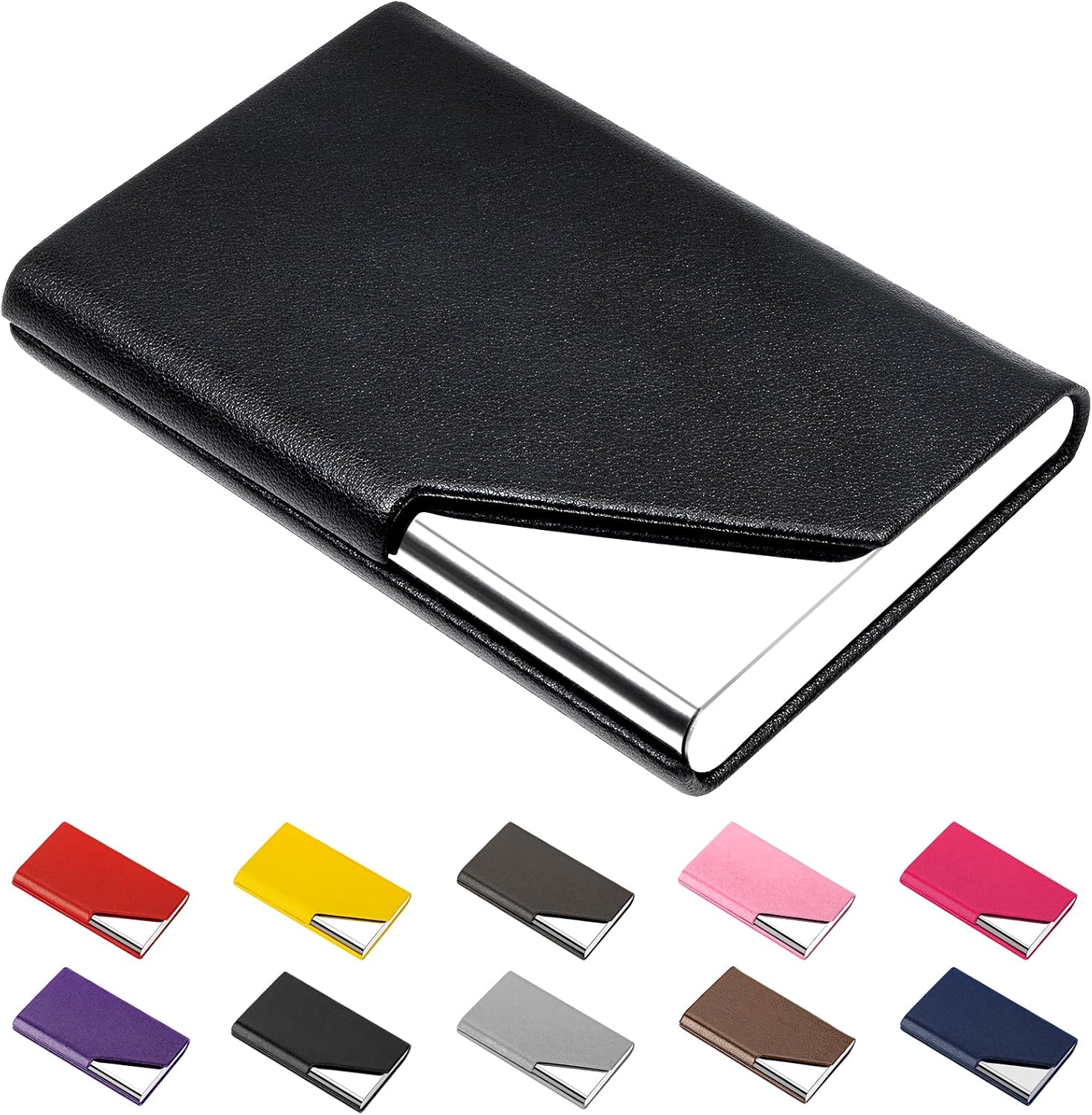 Padike Business Card Holder, Upgraded Leather Business Card Case Pocket Card Holders for Men or Women, Metal Slim Name Card Holder RFID Blocking Business Card Carrier with Magnetic Closure(Black)