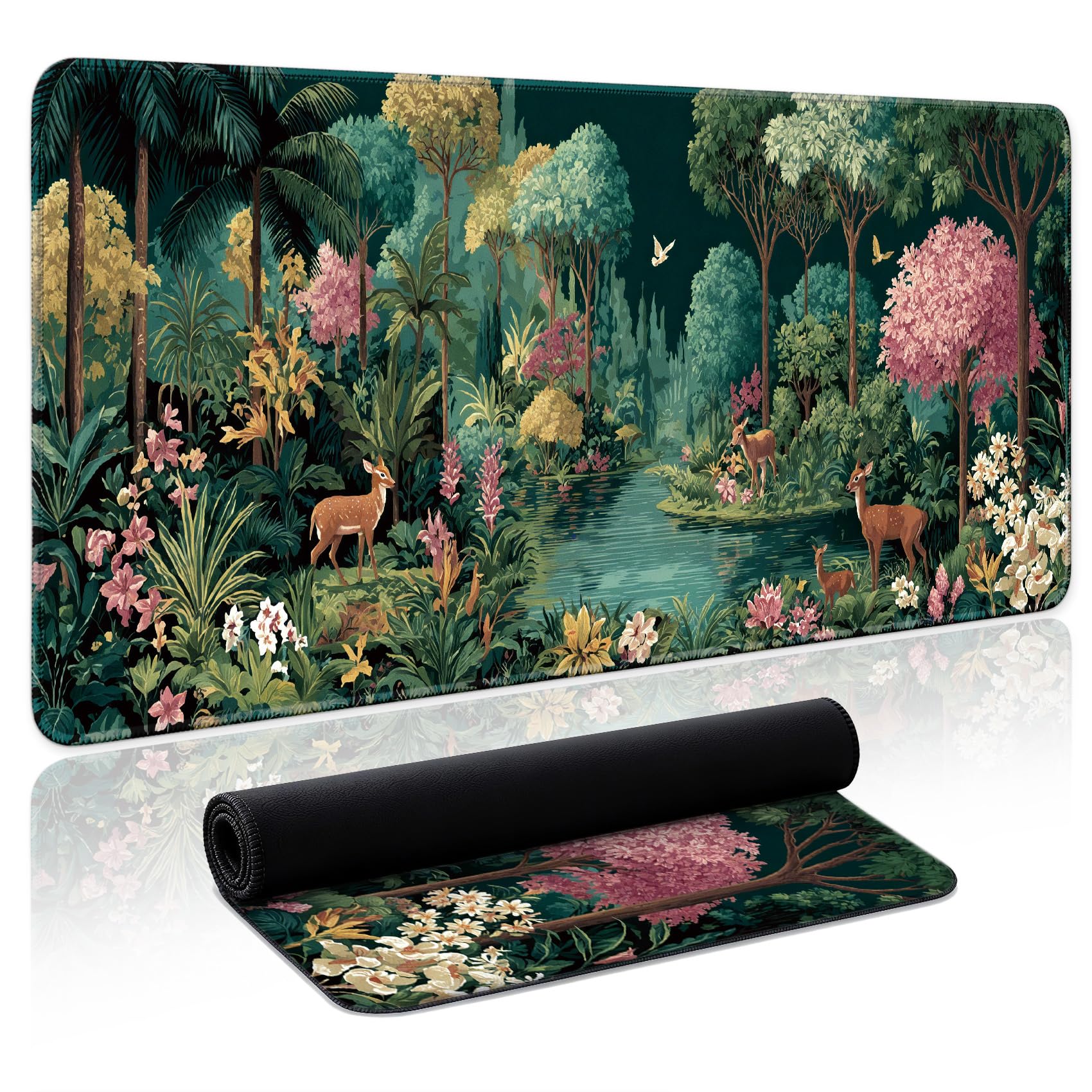 Aesthetic Desk Mat, Cute Enchanted Garden Desk Pad Protector for Work & Decor, 31.5" x 11.8", Pretty Non-Slip Extended Mouse Pad for Office or Home