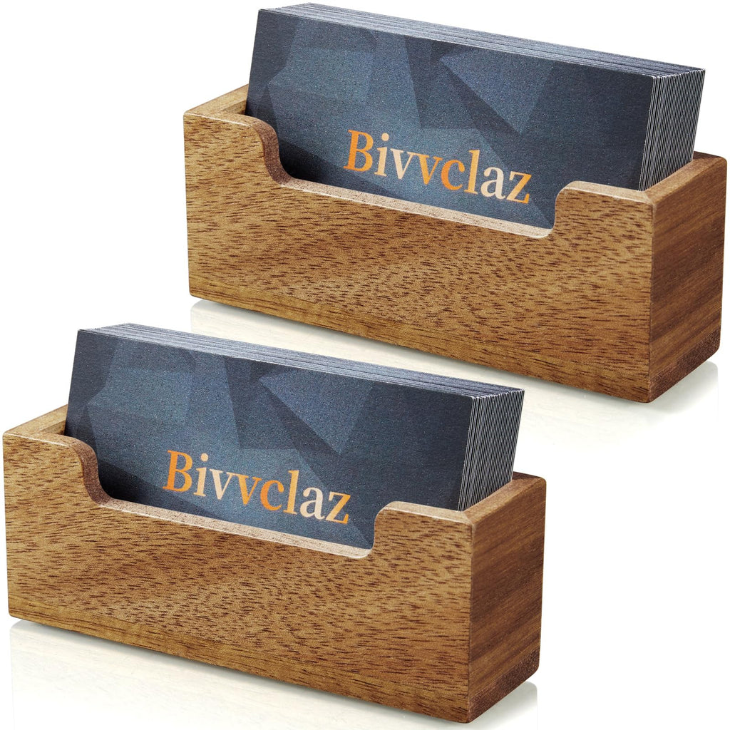 Bivvclaz Business Card Holder Desk, Acacia Wood Business Card Organizer Desktop Business Card Display Stand for Office Tabletop Exhibition, Small Business Essentials