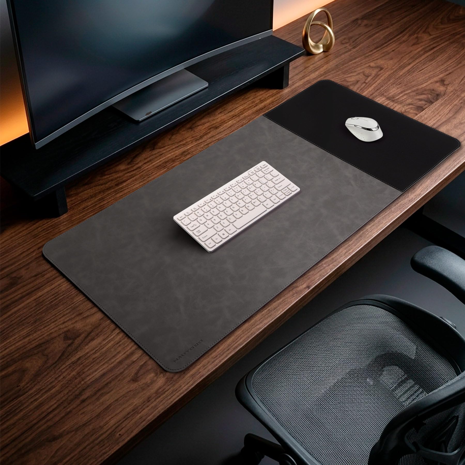 HAUTOCO Cork Desk Mat 31.5"x15.7", Distressed PU Leather & Cloth Desk Pad