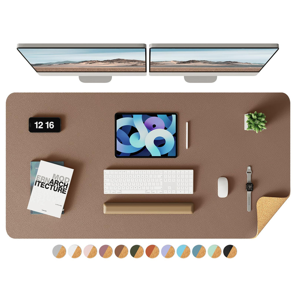 YSAGi Double-Sided Desk Pad, 31.5"x15.7"Leather Desk Mat, Eco Cork Desk Pad Protector,Large Mouse Pad,Waterproof Desk Blotter for Office/Home(Coffee)