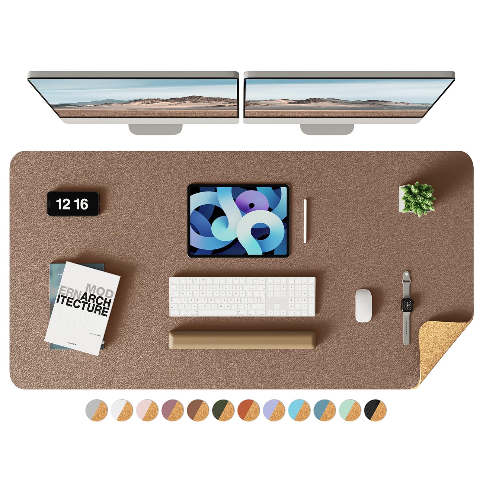 YSAGi Double-Sided Desk Pad, 31.5"x15.7"Leather Desk Mat, Eco Cork Desk Pad Protector,Large Mouse Pad,Waterproof Desk Blotter for Office/Home(Coffee)