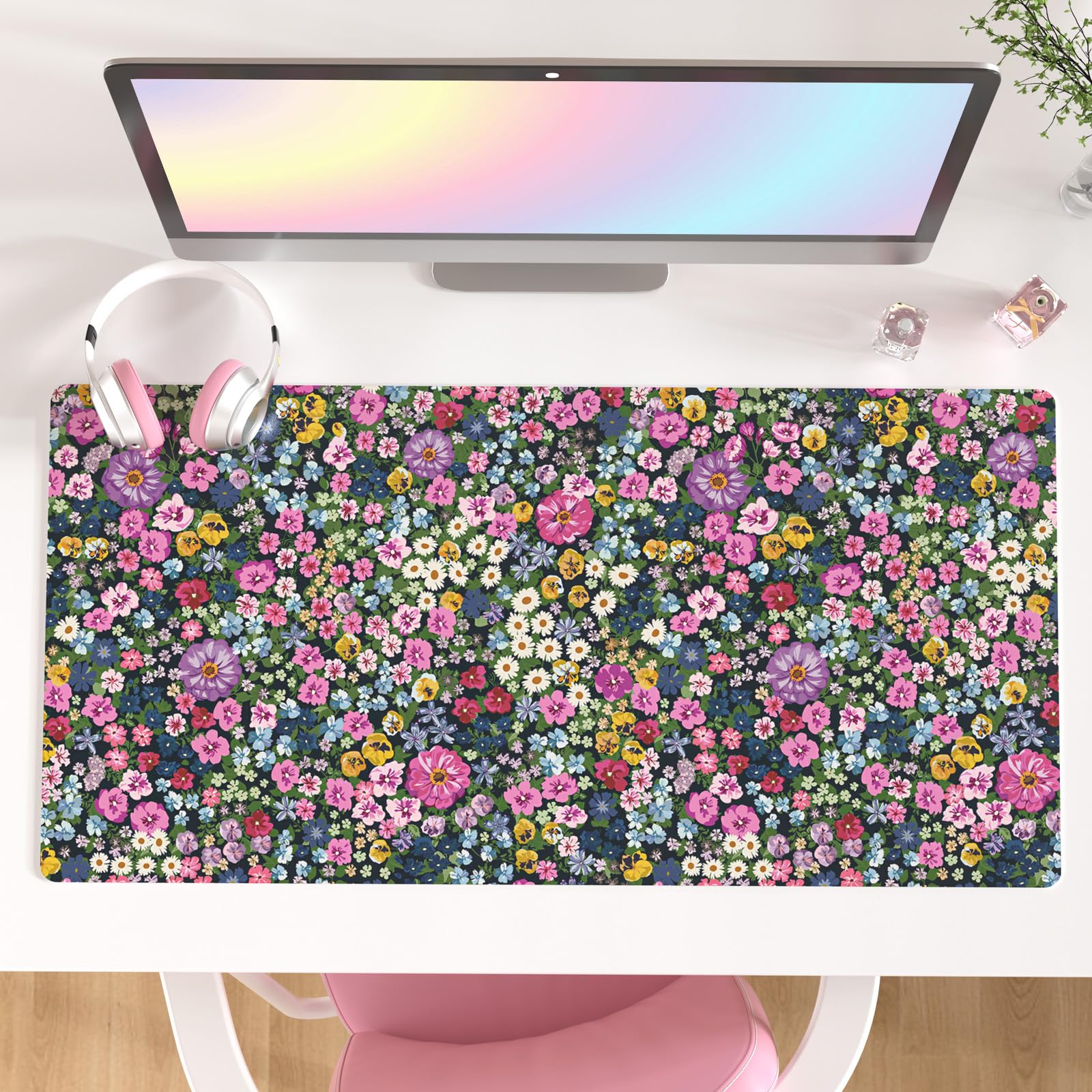 Faux Leather Large Mouse Pad, Office Desk Mat, 31.5"x15.7", Pink Floral