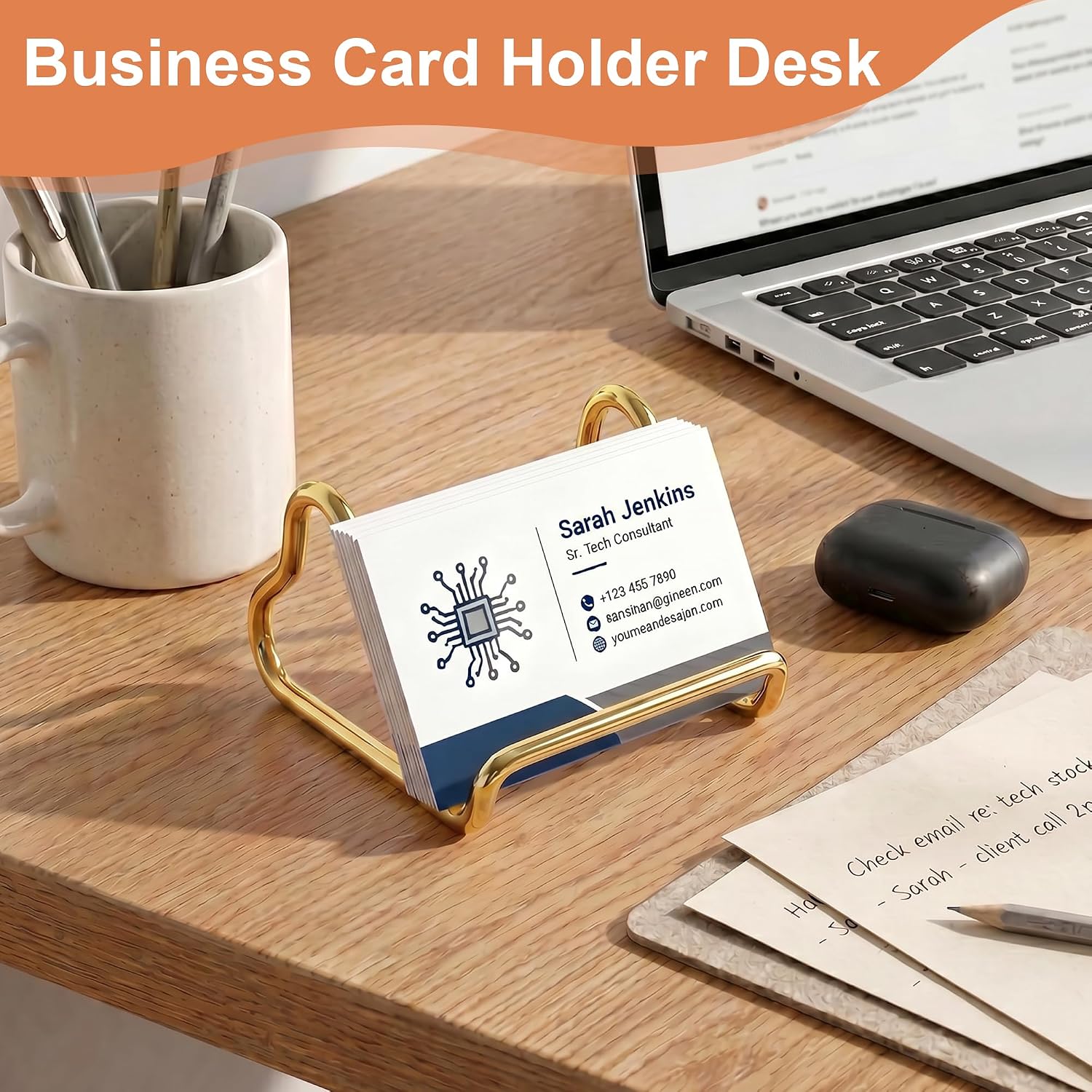 Business Card Holder Desk,Cute Metal Business Cards Holder, Heart Shaped Business Card Display Stand for Men & Women, Small Smartphone Stand & Photo Holder for Office Vendor Booth (Gold)